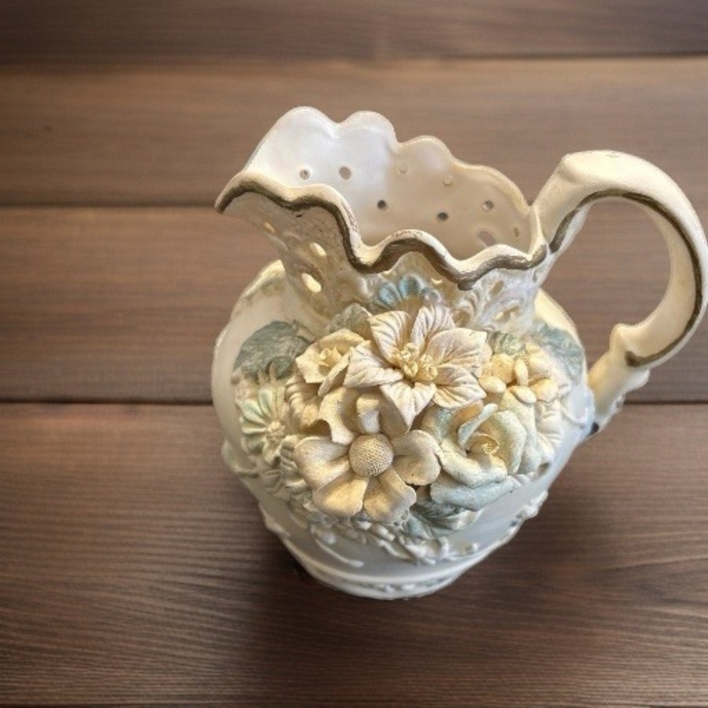 Capodimonte Porcelain Floral Pitcher Vase Reticulated Scalloped 7" Cottagecore